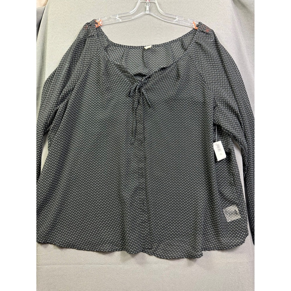 Old Navy Women XXL Black White‎ Printed Sheer Long Sleeve Tie Neck Blouse NEW